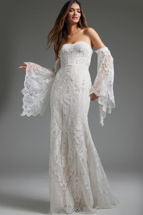 Model wearing Strapless Lace Wedding Dress with Detached Sleeves