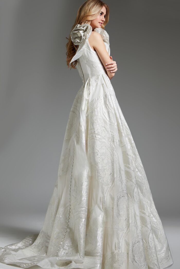 Model wearing One Shoulder Pleated Bodice Wedding Gown JB39218