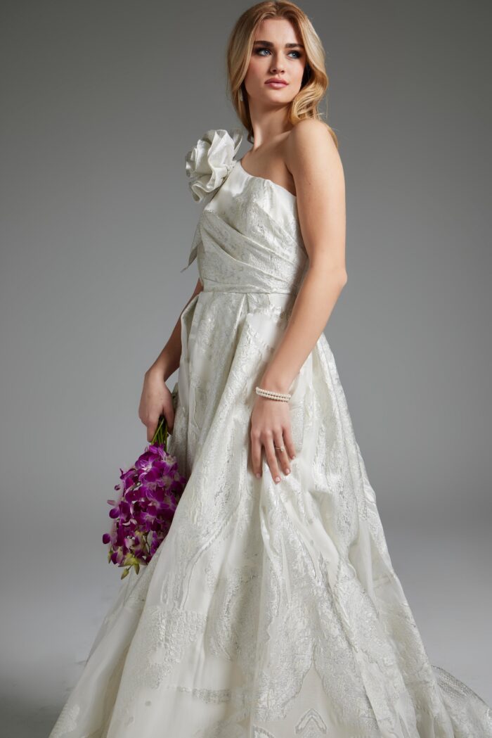 Model wearing One Shoulder Pleated Bodice Wedding Gown JB39218