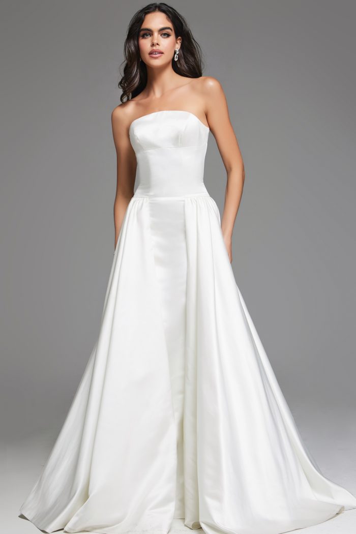 Front view of elegant satin ball gown wedding gown