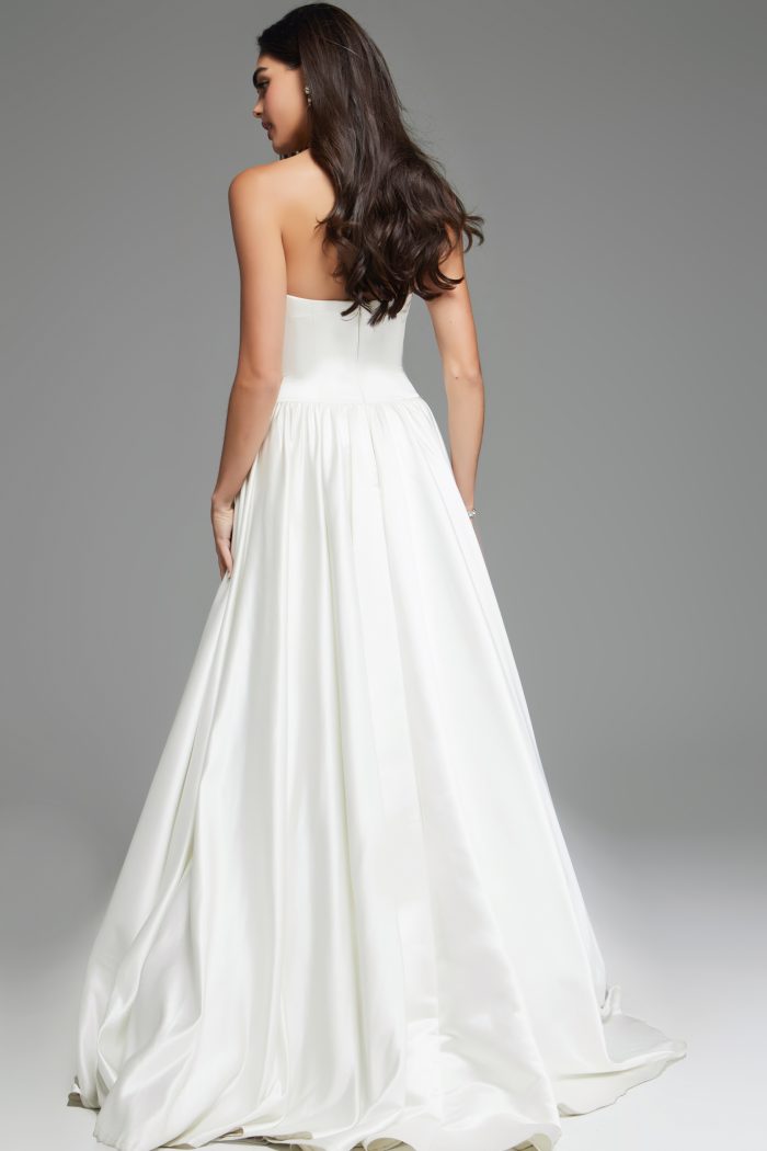 Back view of strapless satin ball gown wedding dress