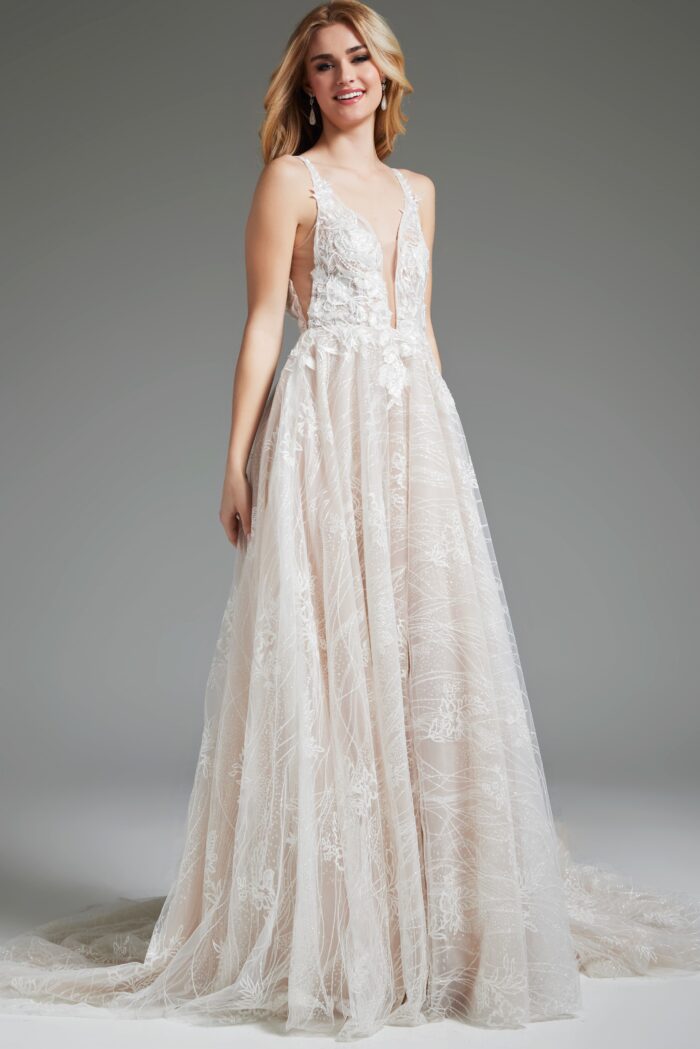 Model wearing Ivory A Line Embellished Gown 39435