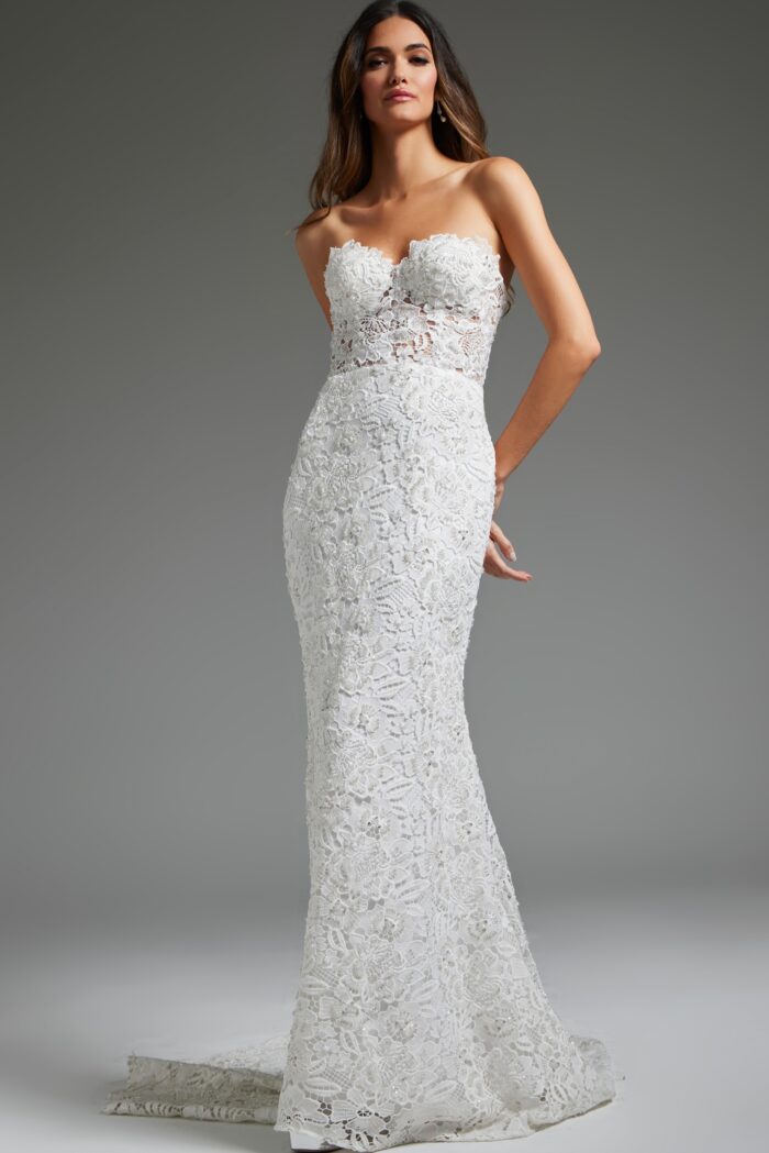 Model wearing Off White Lace Strapless Bridal Dress JB39733