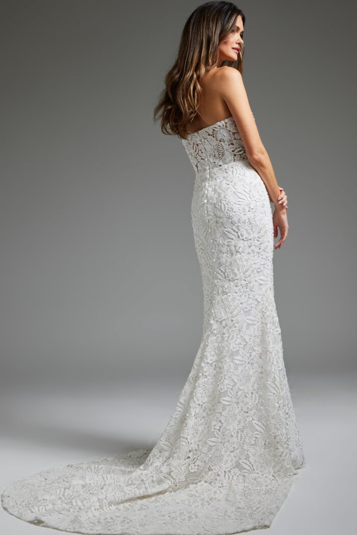 Model wearing Off White Lace Strapless Bridal Dress JB39733