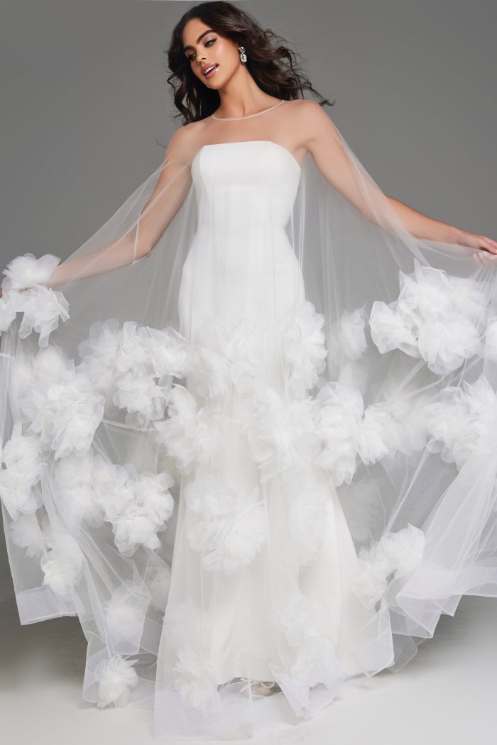 Front view of a strapless wedding dress with floral tulle details