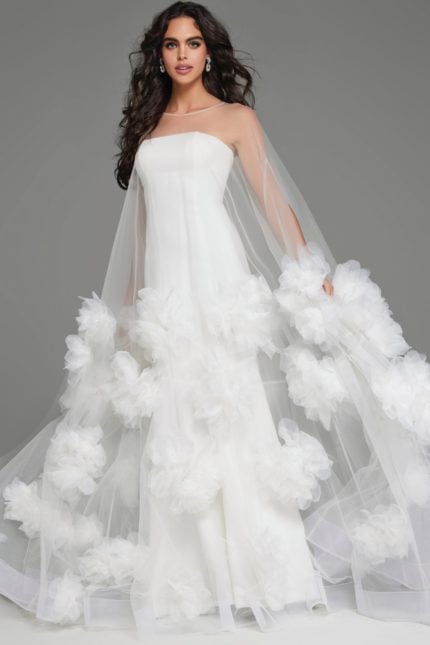 Model wearing Jovani JB40091 white gown with floral appliqués from the front view.