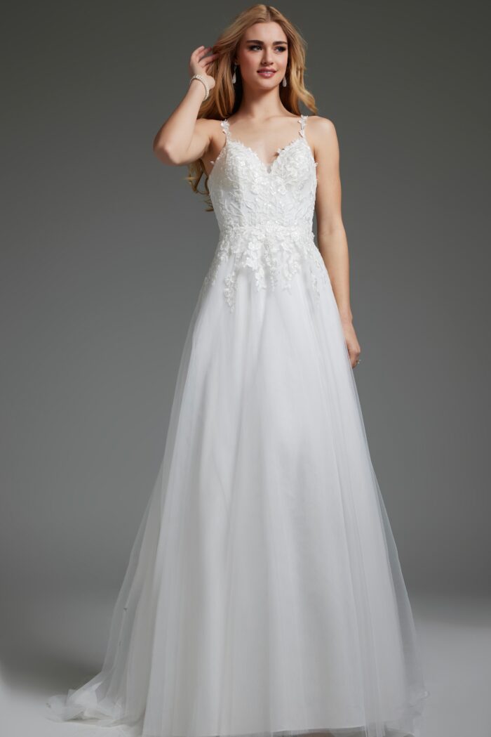 Model wearing V Neckline Beaded Bodice Bridal Gown JB40513