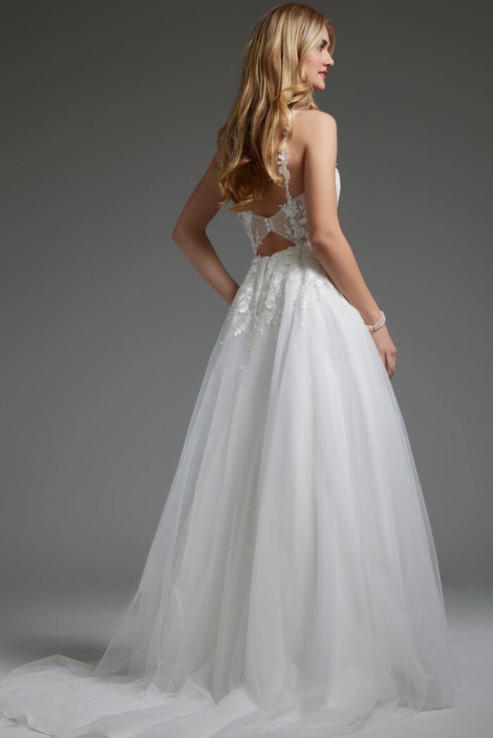 Model wearing V Neckline Beaded Bodice Bridal Gown JB40513