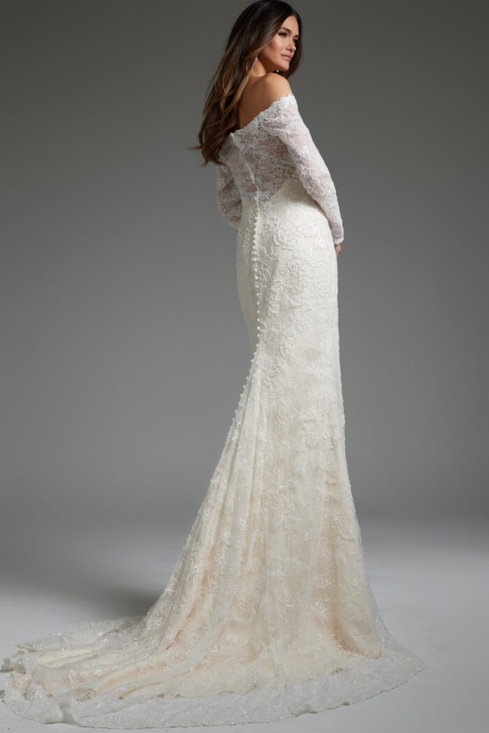 Model wearing Off the Shoulder Embellished Long Sleeve Wedding Gown JB40591
