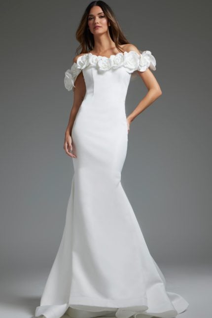 Model wearing Jovani JB40594 white mermaid gown front view