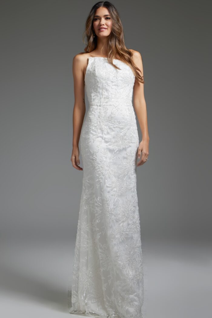 Model wearing Off White Embellished Strapless Bridal Dress JB40608