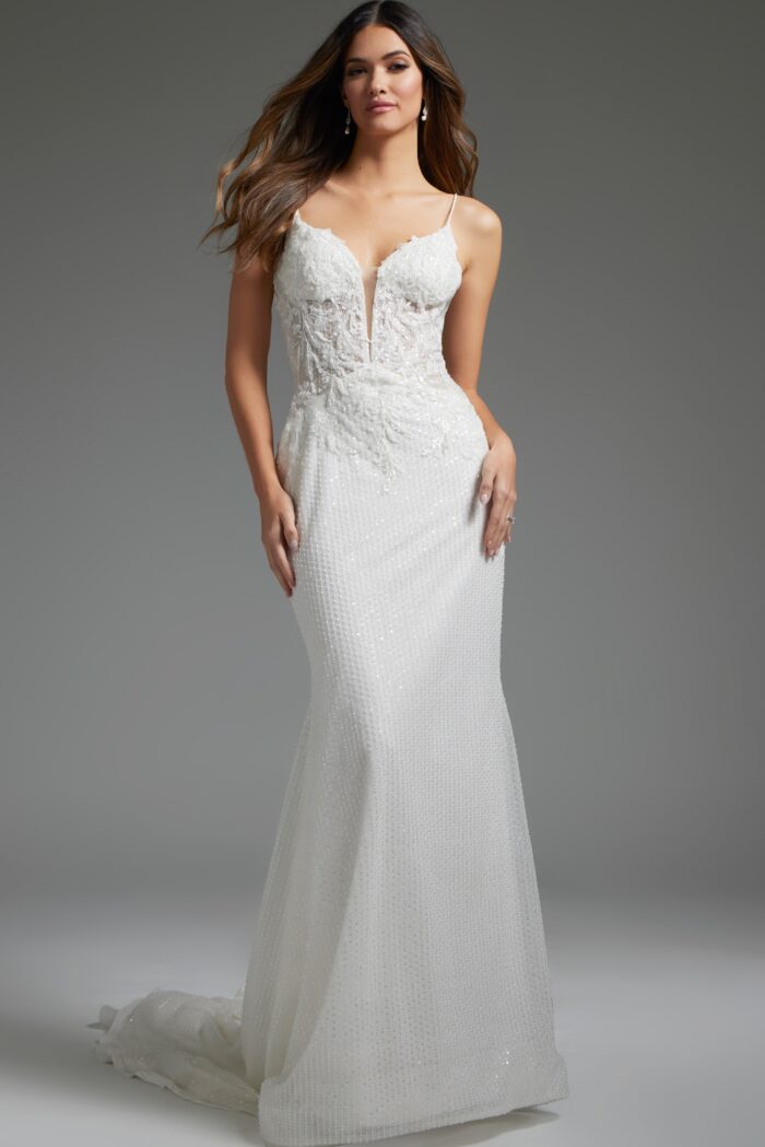Model wearing V Neckline Beaded White Bridal Gown jb40639
