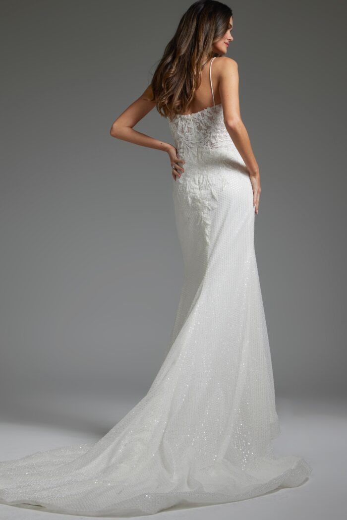 Model wearing V Neckline Beaded White Bridal Gown jb40639
