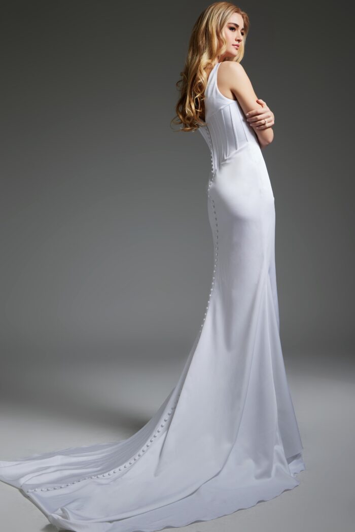 Model wearing Sleeveless V Neckline Fitted Dress with High Side Slit JB40782