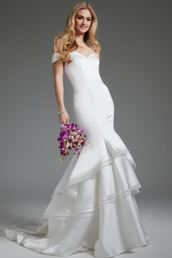 Model wearing White Off the Shoulder Mermaid Wedding Gown JB40790