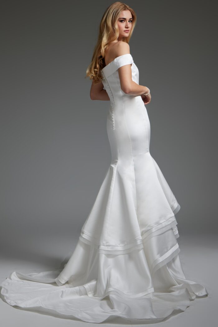 Model wearing White Off the Shoulder Mermaid Wedding Gown JB40790
