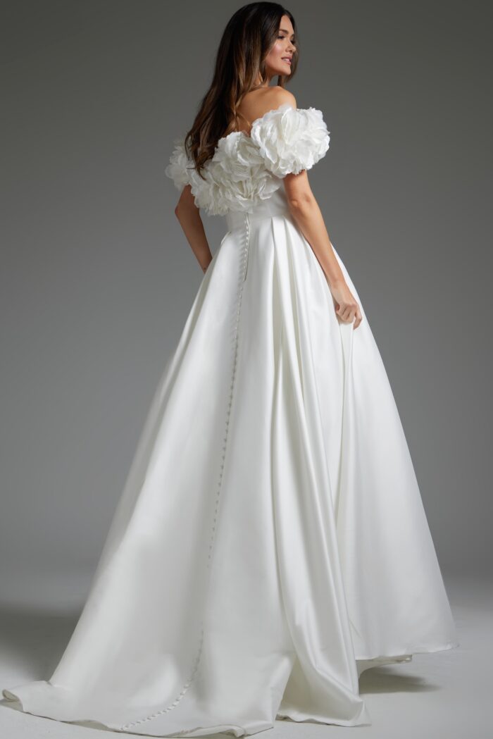 Model wearing off the Shoulder V Neck Wedding Dress JB40795