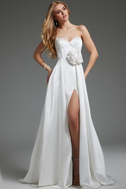 model wearing Jovani JB40825 white gown with sweetheart neckline and thigh-high slit, front view