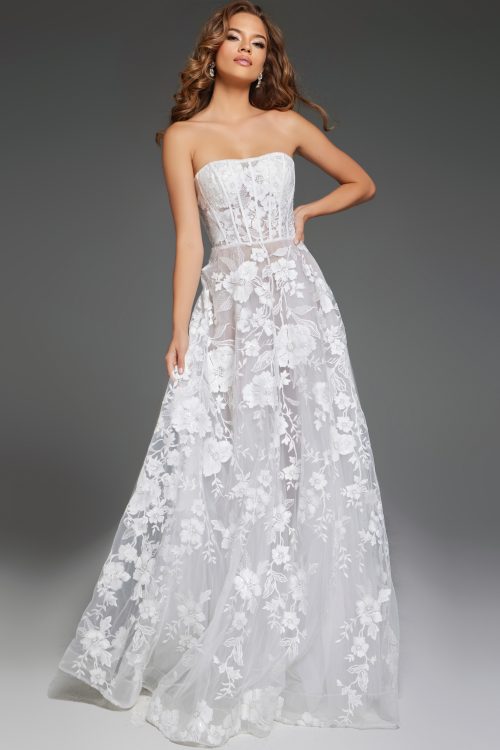 Front view of a strapless floral lace bridal gown with corset bodice