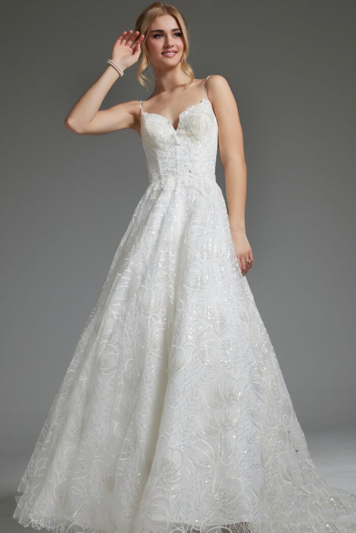 Model wearing Ivory Embellished Spaghetti Straps Bridal Gown JB422225