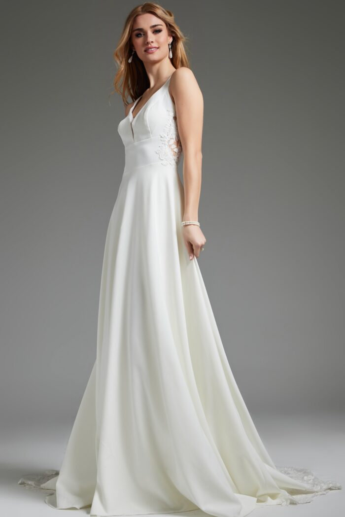 Model wearing Off White Sheer Back A Line Bridal Dress JB42294