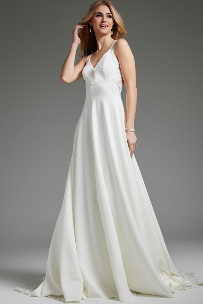 Model wearing Off White Sheer Back A Line Bridal Dress JB42294