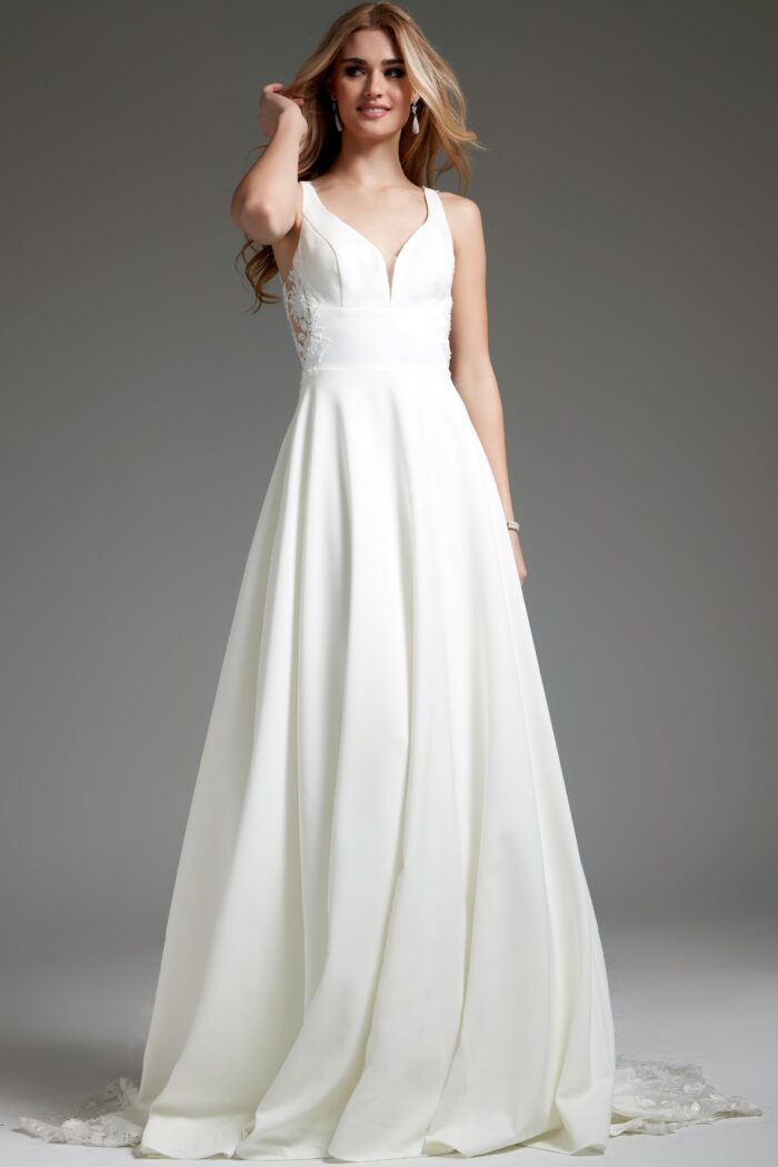 Model wearing Off White Sheer Back A Line Bridal Dress JB42294