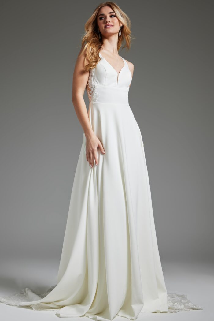 Model wearing Off White Sheer Back A Line Bridal Dress JB42294