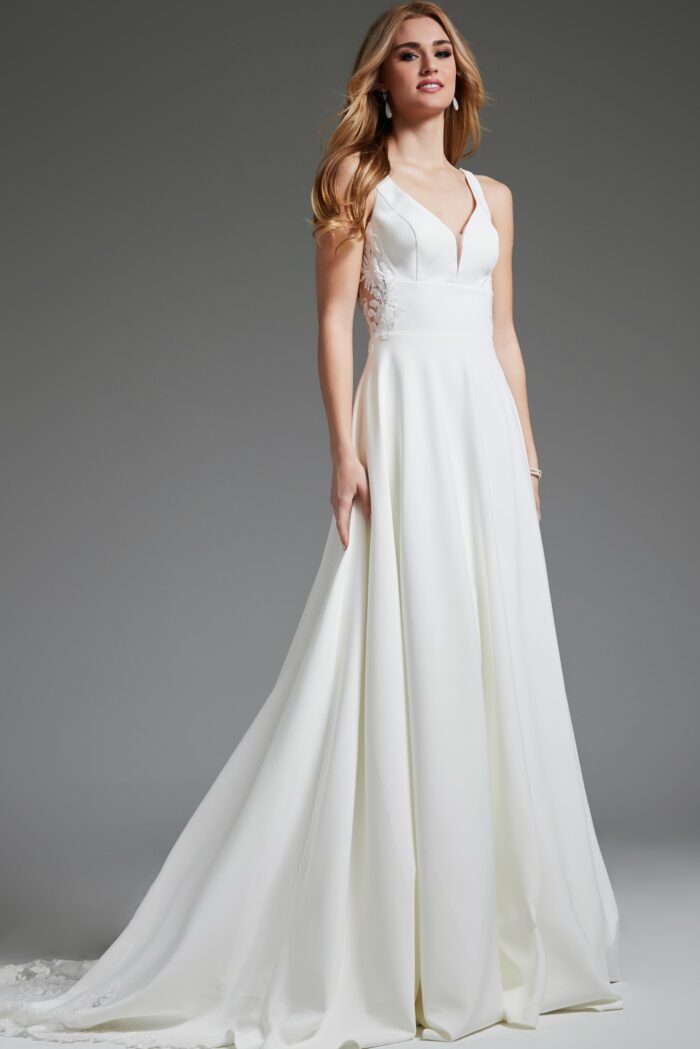 Model wearing Off White Sheer Back A Line Bridal Dress JB42294