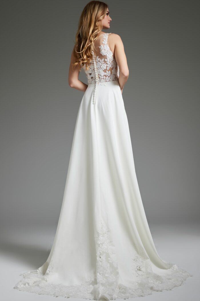 Model wearing Off White Sheer Back A Line Bridal Dress JB42294