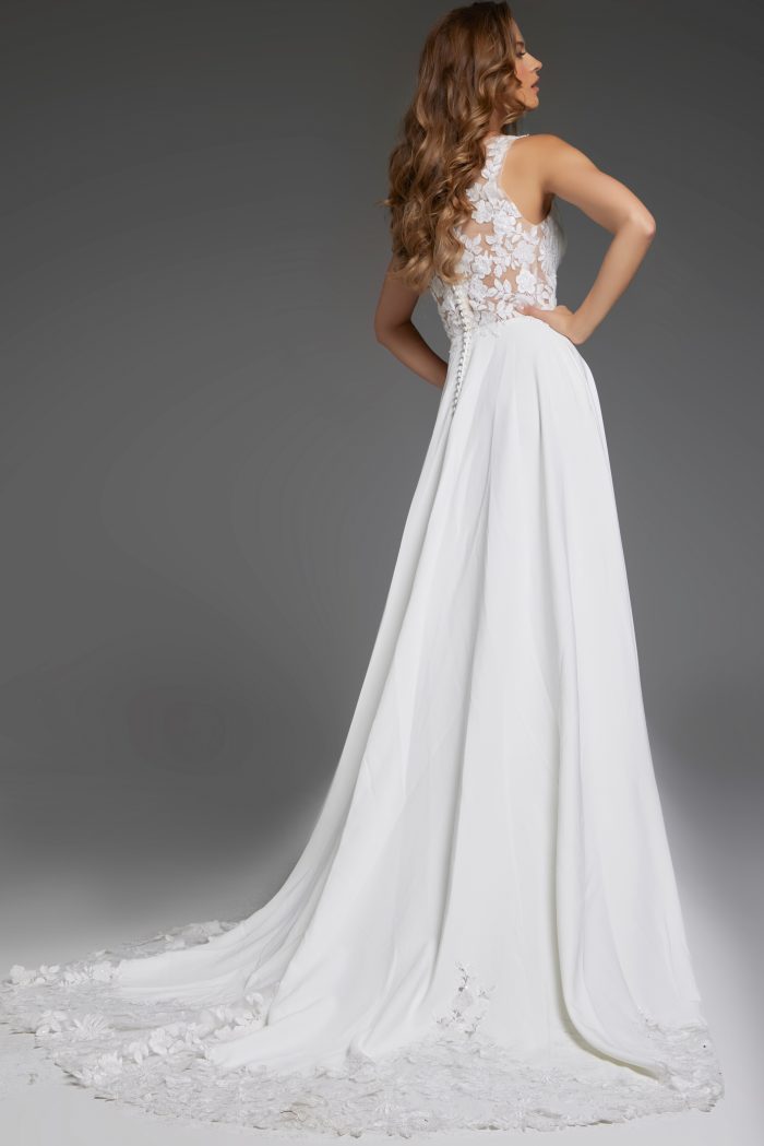 V-Neck Lace Back Wedding Dress with Button Details