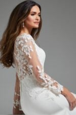 Close-up of Jovani JB42297 ivory gown with lace applique on the back and sleeves.