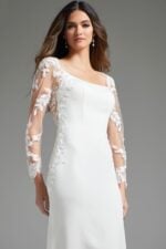 Close-up of Jovani JB42297 ivory gown, highlighting lace sleeves and square neckline.