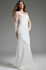 Model wearing Jovani JB42297 ivory gown, showing the flowing silhouette and lace details.