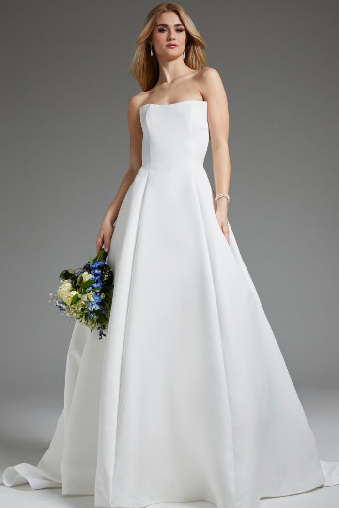 Model wearing Off White A Line Strapless Bridal Dress JB42346