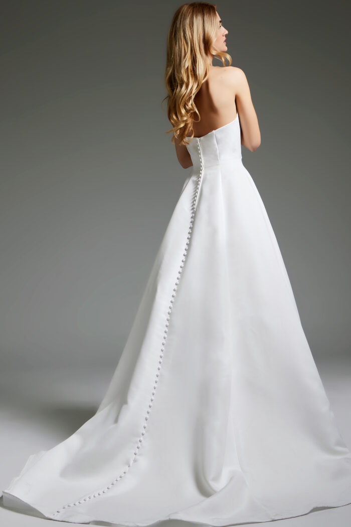 Model wearing Off White A Line Strapless Bridal Dress JB42346