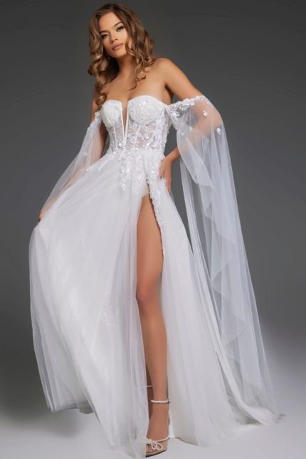 Model wearing Jovani JB42480 white gown with sweetheart neckline and high slit, front view