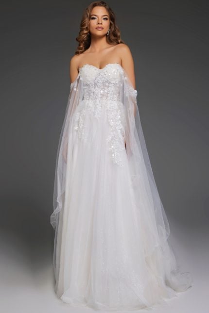 Front view of model in Jovani JB42481, showcasing white gown with lace details.