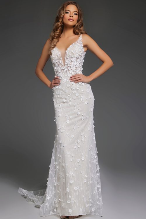 Floral lace bridal gown with plunging neckline and sleek silhouette JB42483