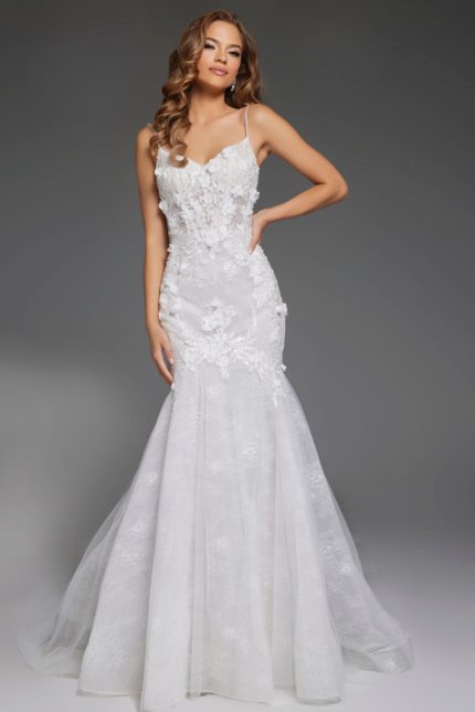 Model wearing Jovani JB42484 white mermaid gown with sweetheart neckline and floral lace appliqués, front view.