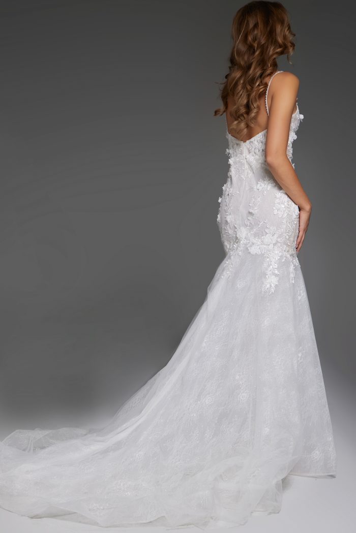 Back view of mermaid wedding dress with lace and floral appliqués JB42484