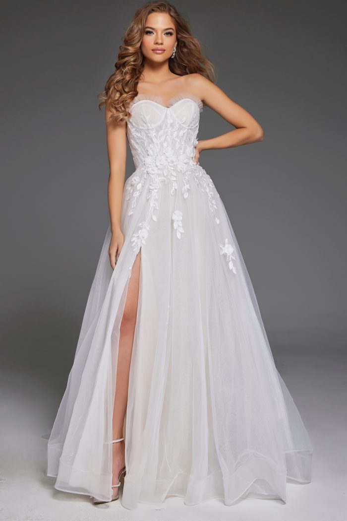 Elegant strapless floral wedding dress with high slit JB42485