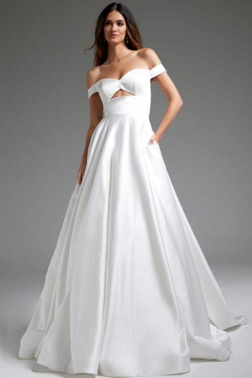Model wearing Off White Front Cut Out A Line Bridal Dress JB42626