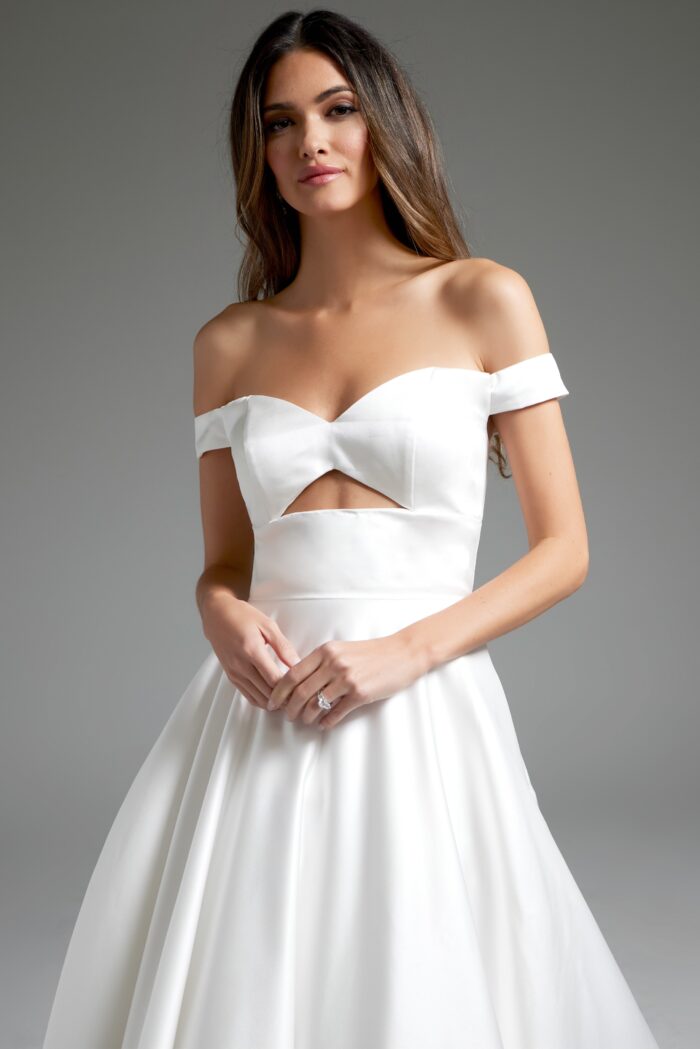 Model wearing Off White Front Cut Out A Line Bridal Dress JB42626