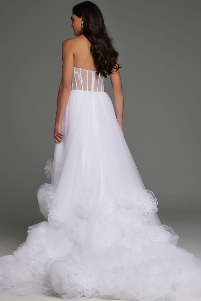 Pearl-embellished strapless wedding dress with floral ruffles JB42782