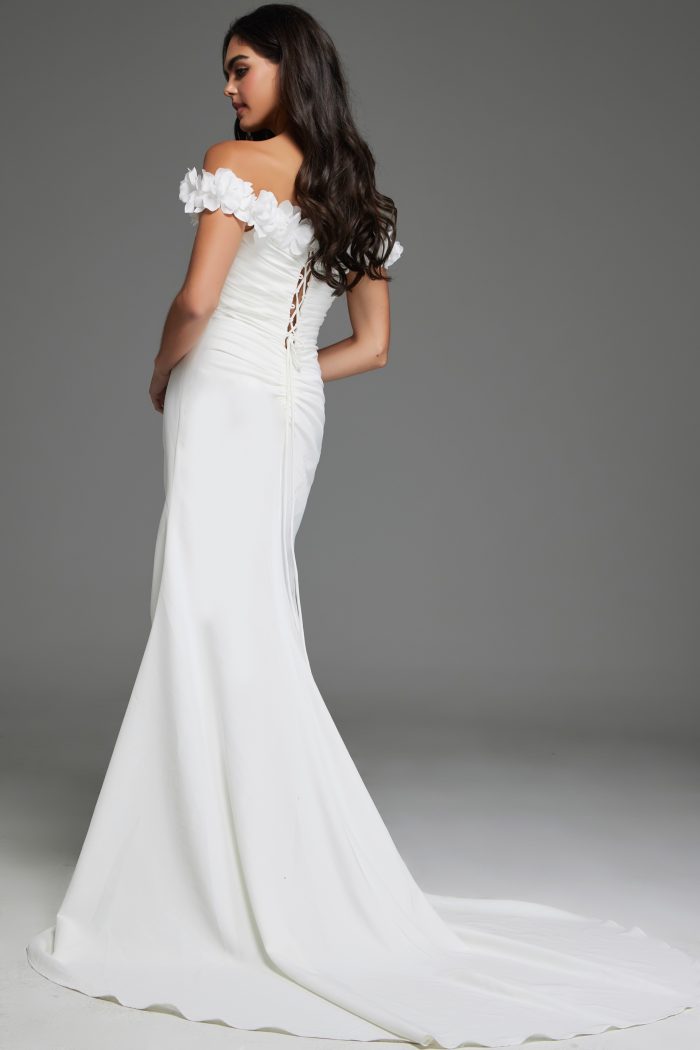 Ivory wedding dress with delicate floral straps and a long flowing train JB43323