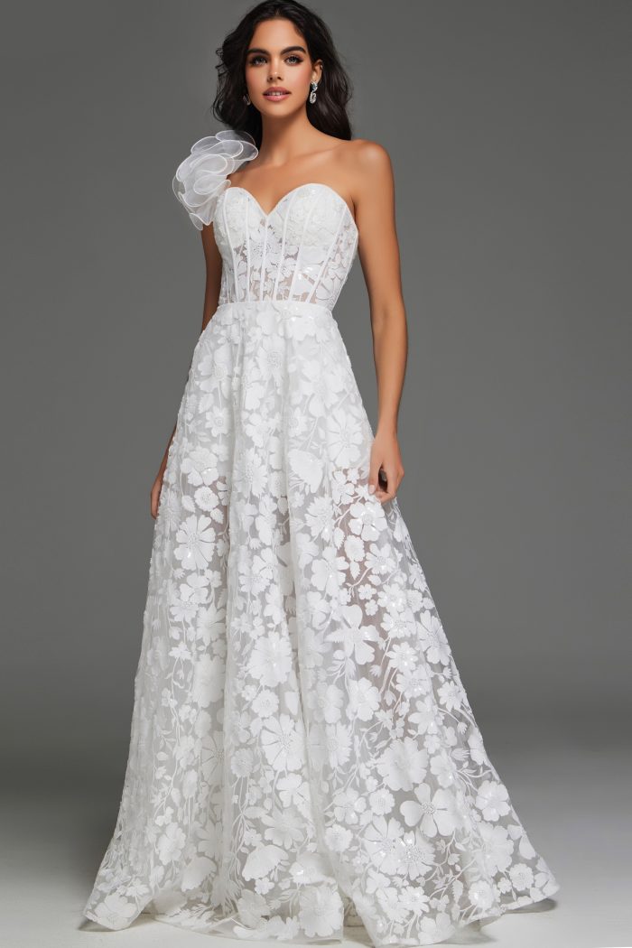 Floral lace bridal gown with sweetheart neckline and organza shoulder accent JB43331