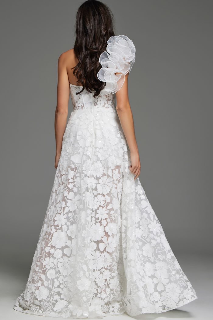 Lace wedding dress with asymmetrical organza detail and flowing floral skirt JB43331