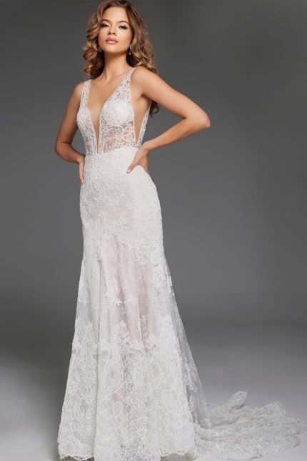 Model wearing Jovani JB43894 ivory lace dress front view