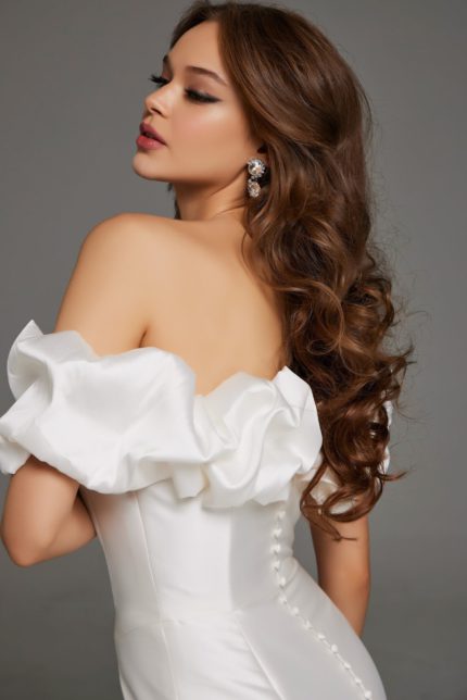 ruffled neckline off the shoulder wedding dress JB43896